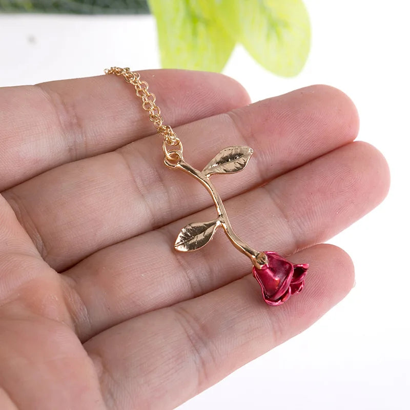 Red Rose Pendant Necklace for Women – Gold, Rose Gold