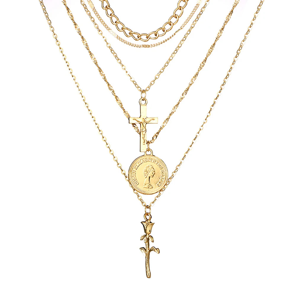 Boho Layered Cross Necklace for Women – Vintage Statement Jewelry