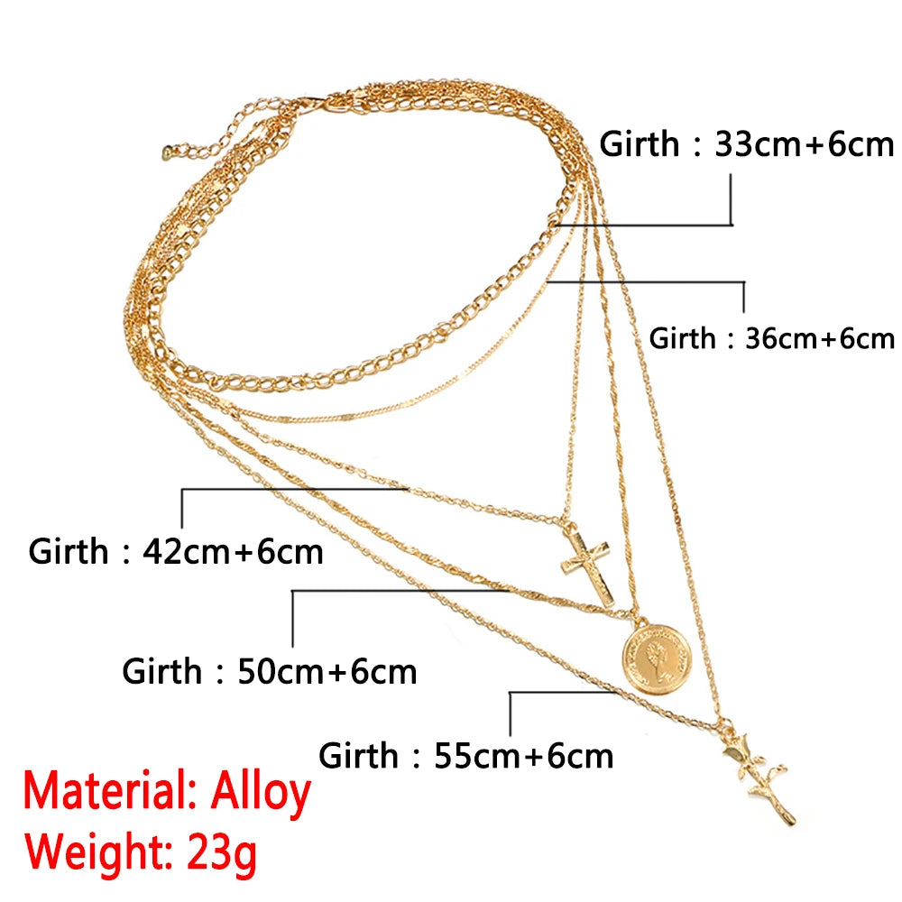 Bls-miracle Multilayer Alloy Rose Cross Pendant Necklaces For Women Vintage Charm Choker Necklace Statement Party Jewelry 2018