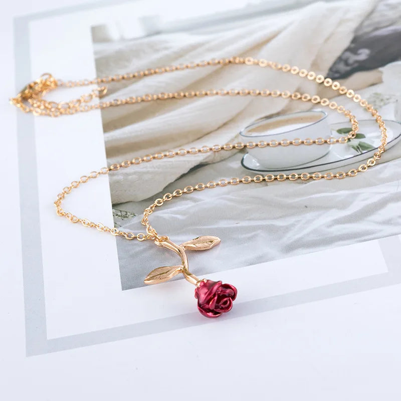 New jewelry creative drop oil red rose pendant necklace Women  Copper Alloy  Pendant Necklaces  chain necklace