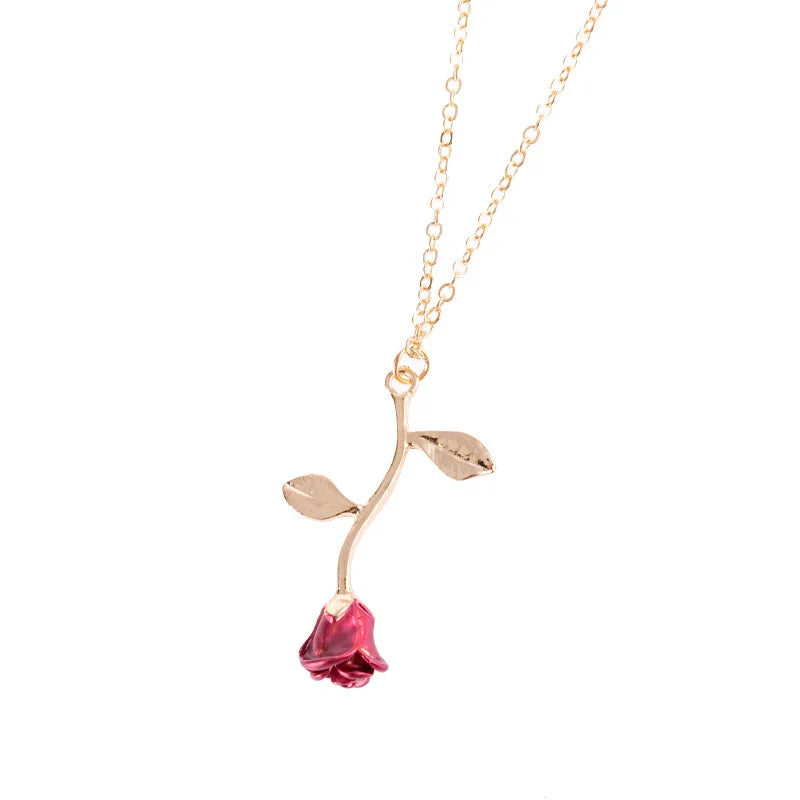 New jewelry creative drop oil red rose pendant necklace Women  Copper Alloy  Pendant Necklaces  chain necklace