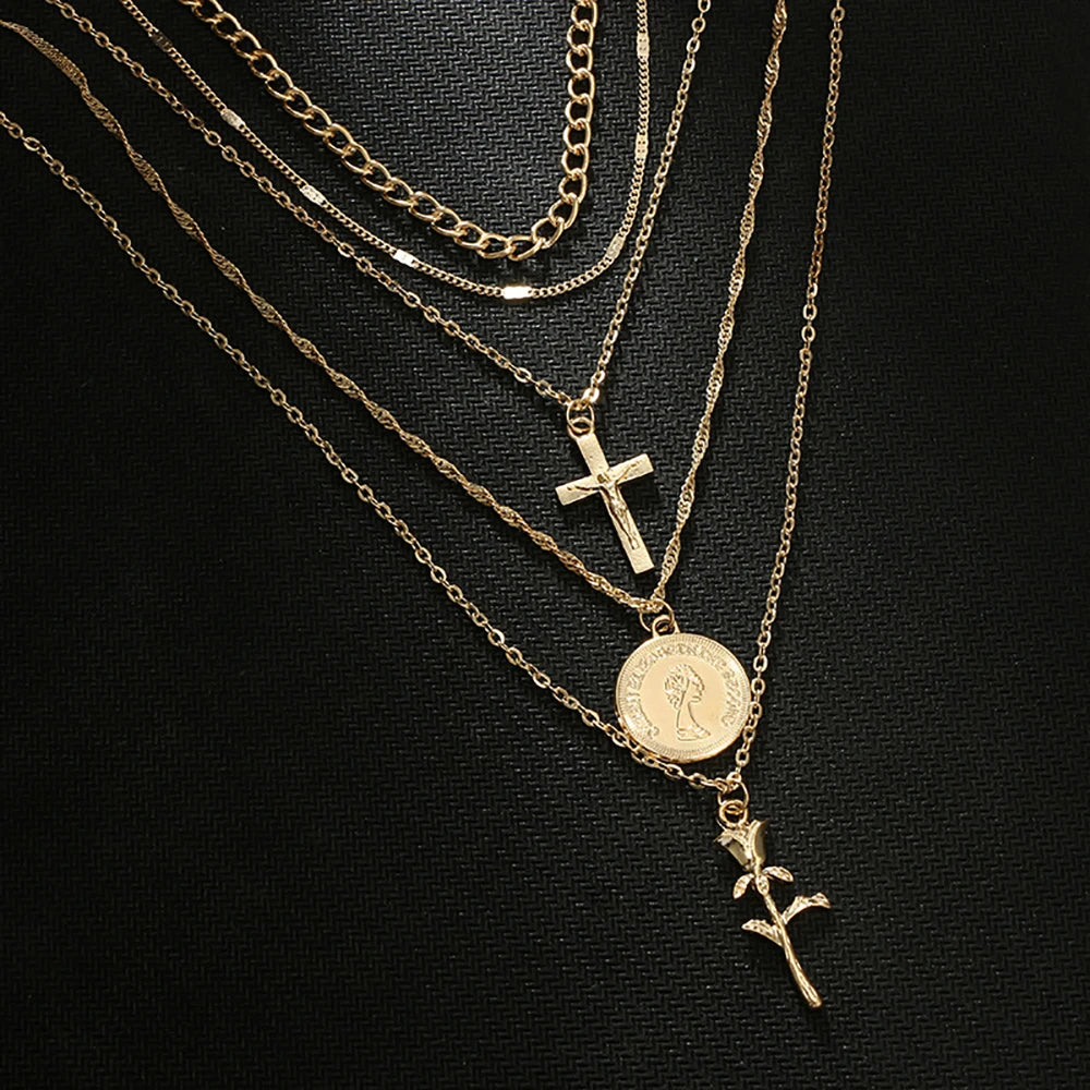 Bls-miracle Multilayer Alloy Rose Cross Pendant Necklaces For Women Vintage Charm Choker Necklace Statement Party Jewelry 2018