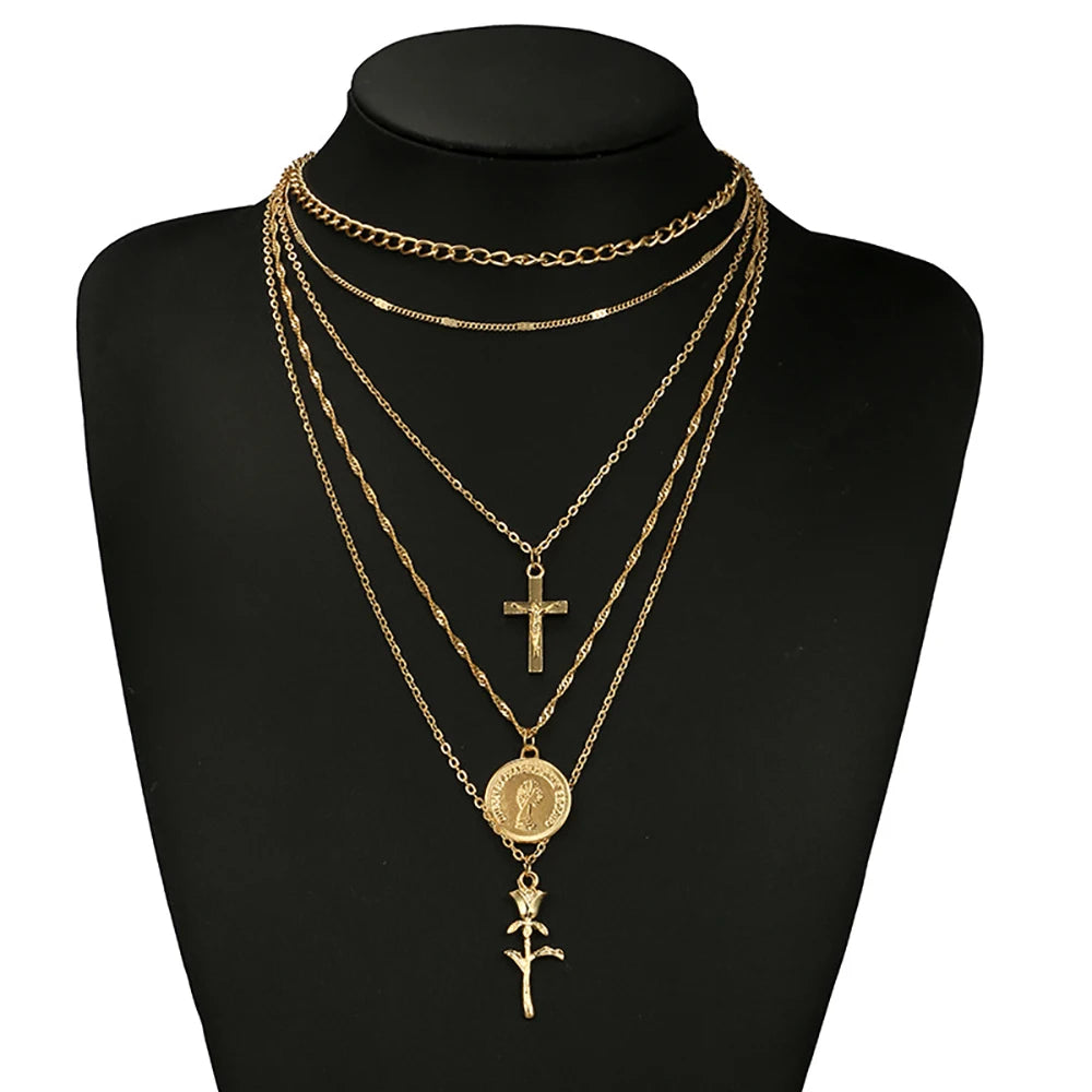 Bls-miracle Multilayer Alloy Rose Cross Pendant Necklaces For Women Vintage Charm Choker Necklace Statement Party Jewelry 2018