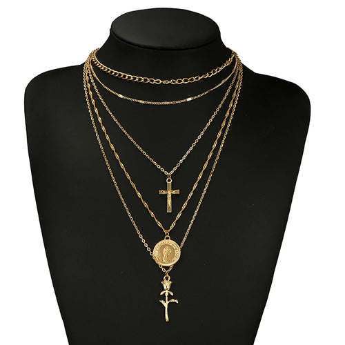 Bls-miracle Multilayer Alloy Rose Cross Pendant Necklaces For Women Vintage Charm Choker Necklace Statement Party Jewelry 2018